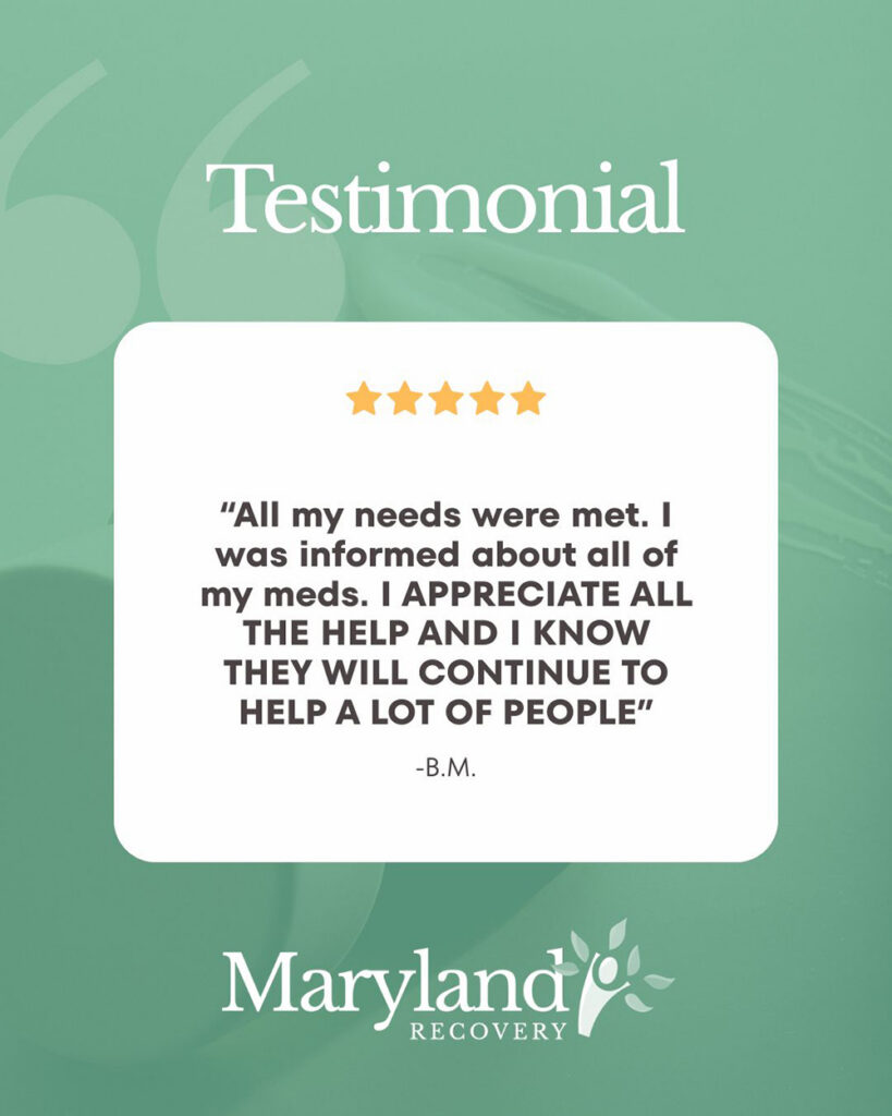 Medication support testimonial from a Maryland Recovery client.