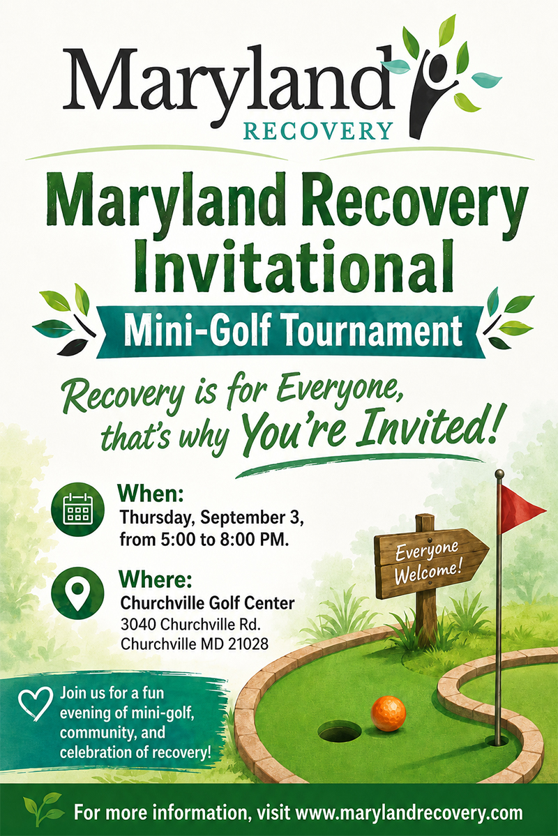 Maryland Recovery Invitational Mini-Golf Tournament event flyer promoting community recovery and family-friendly mini golf.